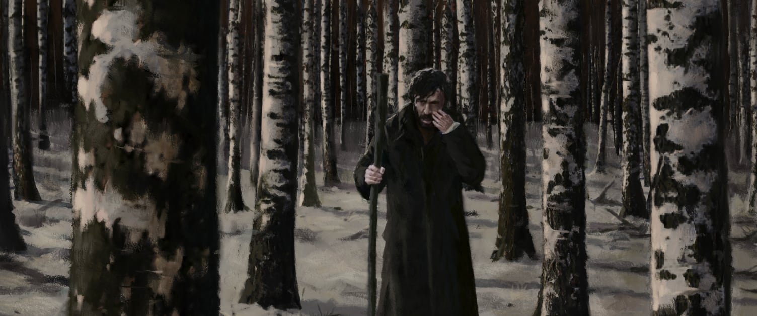 An illustrated scene of a man walking through a winter forest